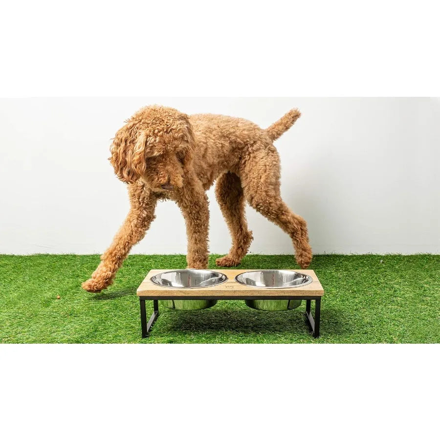 Elevated Pet Feeder With Stainless Steel Bowls Mango Wood Stand