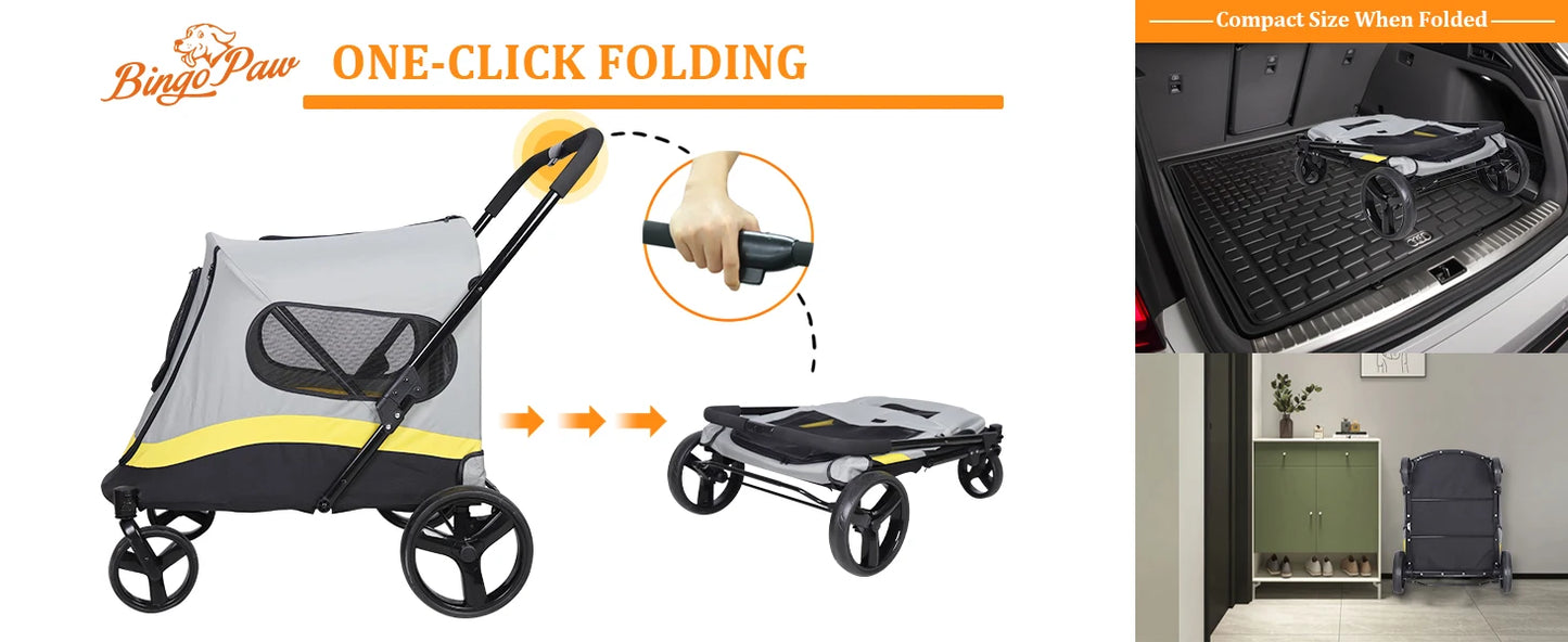 One Click Foldable Dog Stroller Portable AllTerrain 4Wheel TravelBuggy CarrierSystem