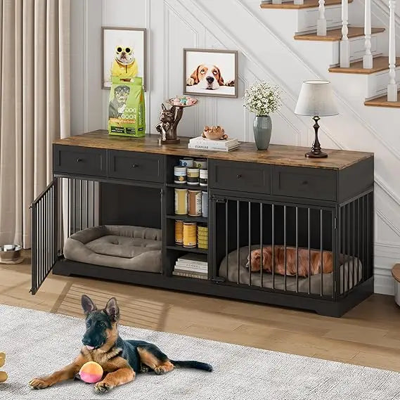 DAFIFY Double Dog Crate With TV Stand And Four Drawers Shelving Indoor Wooden Kennel