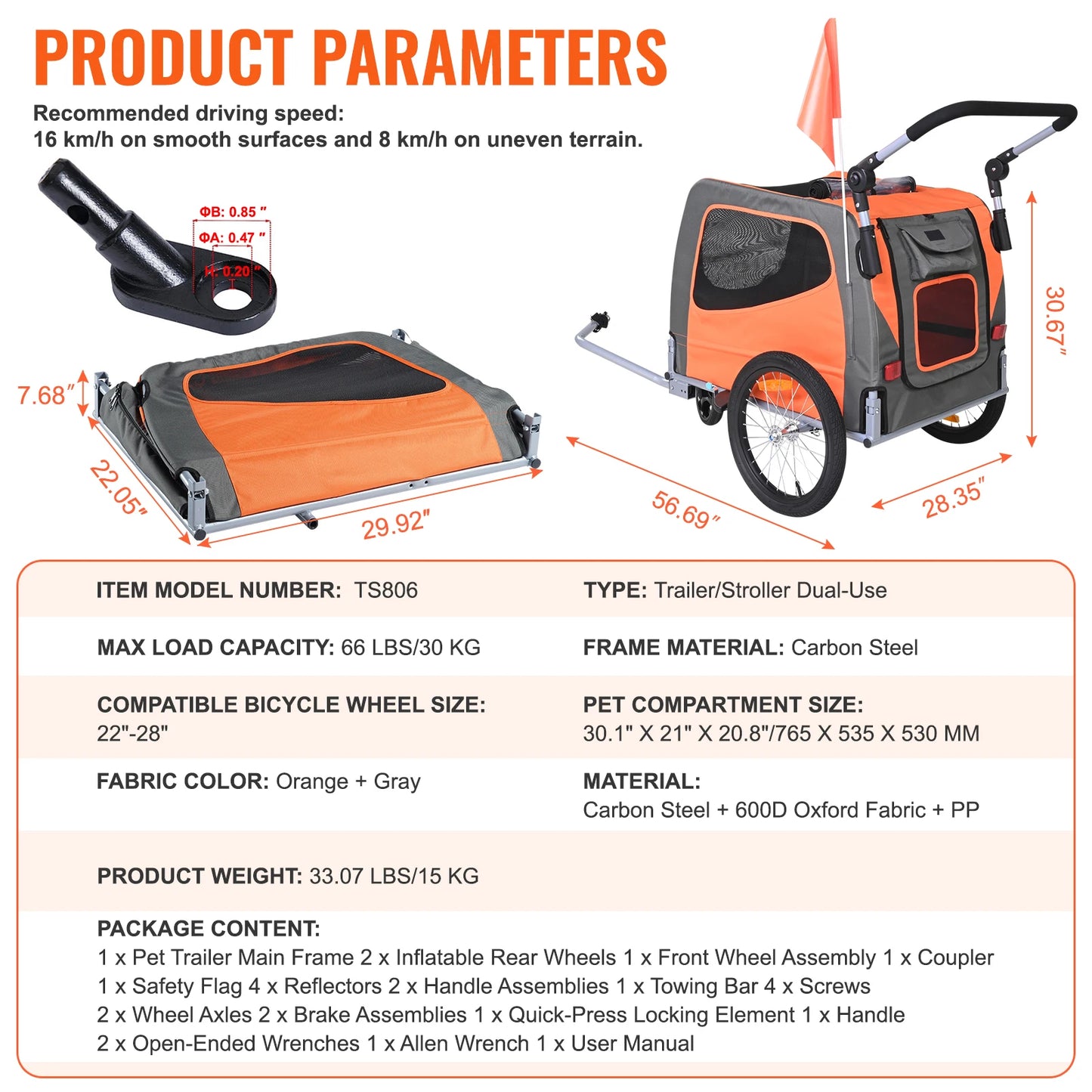 SucceBuy 66lbs Dog Bike Trailer2-in-1Pet Stroller Folding Cart Frame Bicycle Carrier with Wheels Universal Coupler for Dogs