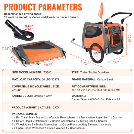 SucceBuy 66lbs Dog Bike Trailer2-in-1Pet Stroller Folding Cart Frame Bicycle Carrier with Wheels Universal Coupler for Dogs