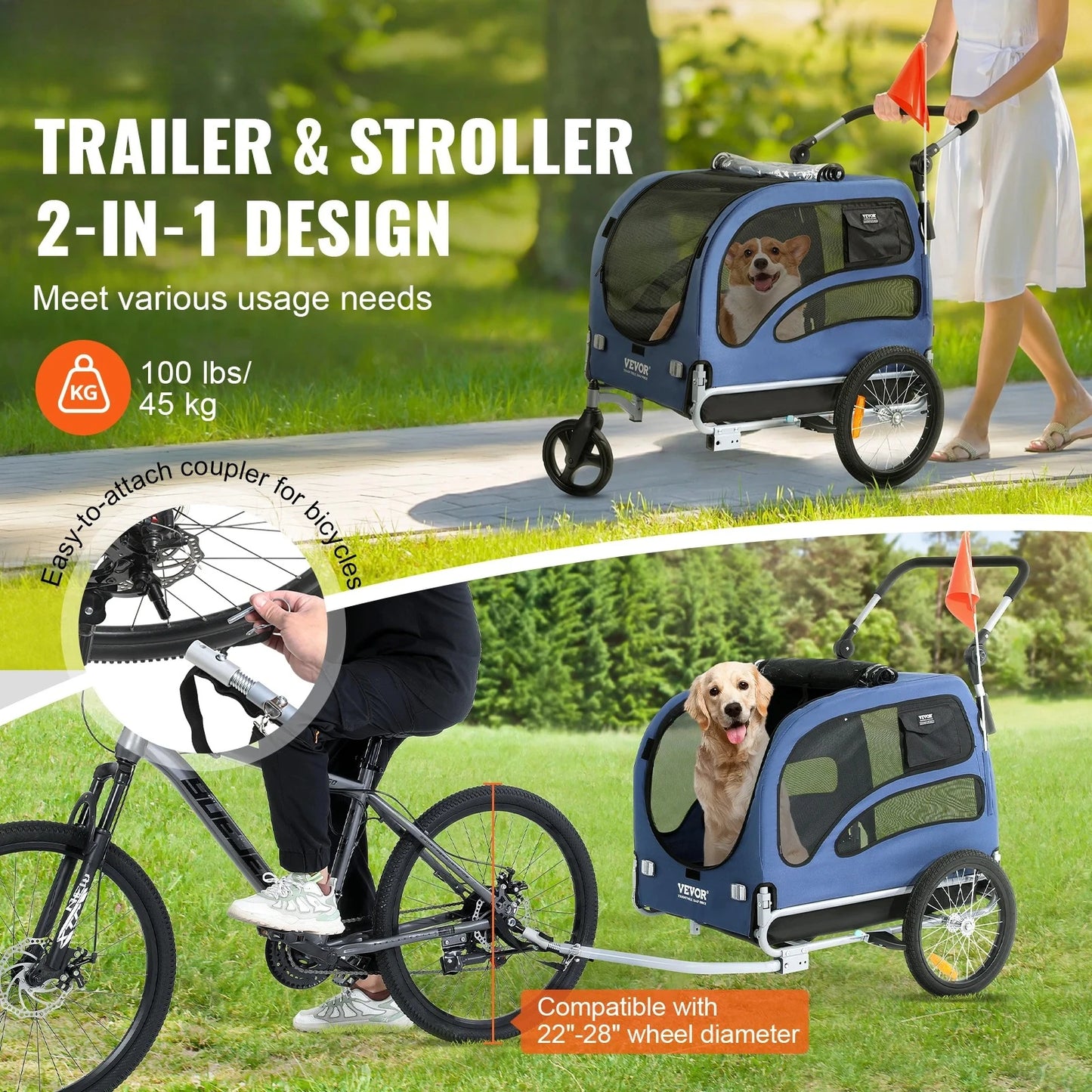 NONECN Dog Bike Trailer 2 In 1 Pet Stroller Cart Carrier 100 Lbs For Dogs With Reflectors