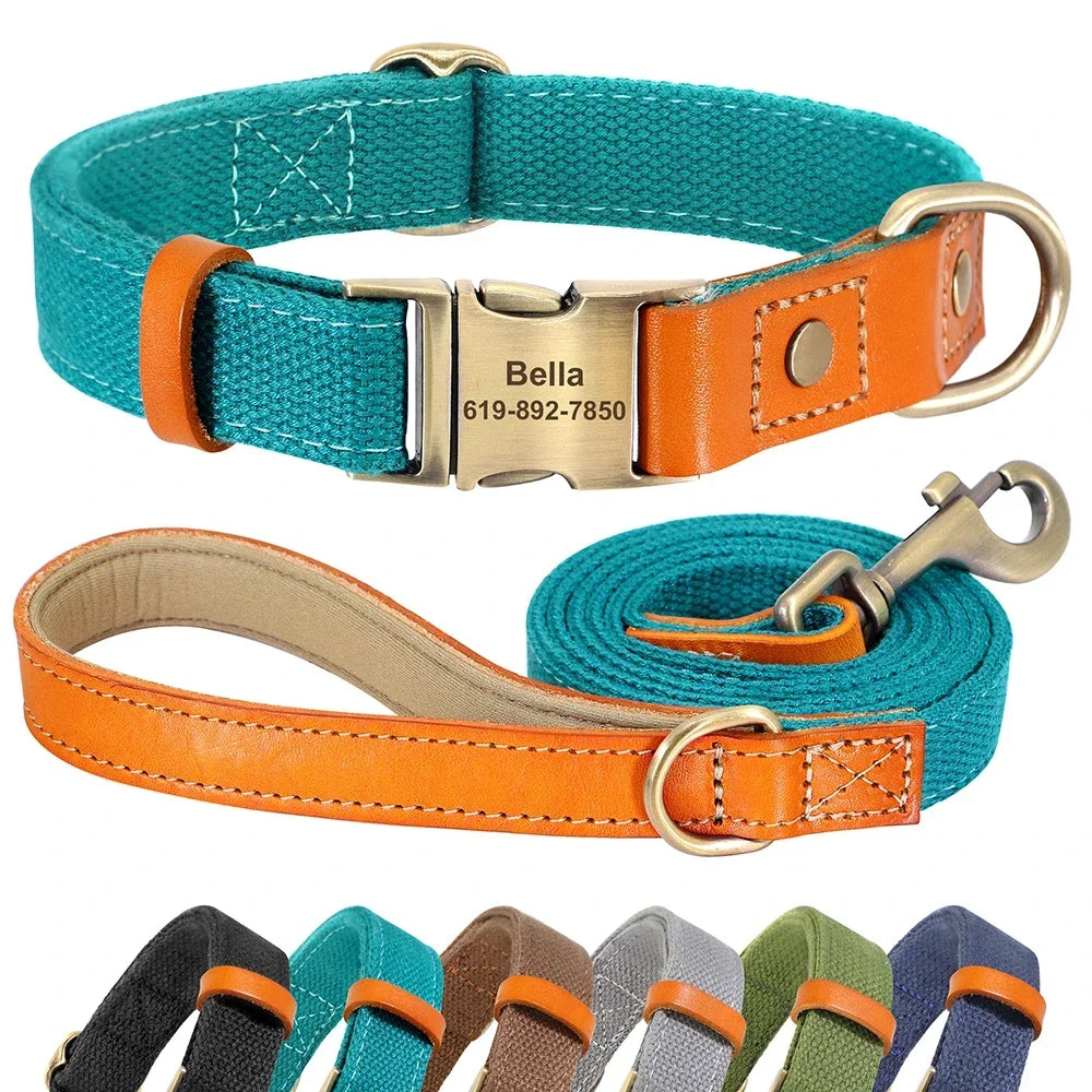 Nylon Dog Collar And Leash Set With Engraved Nameplate