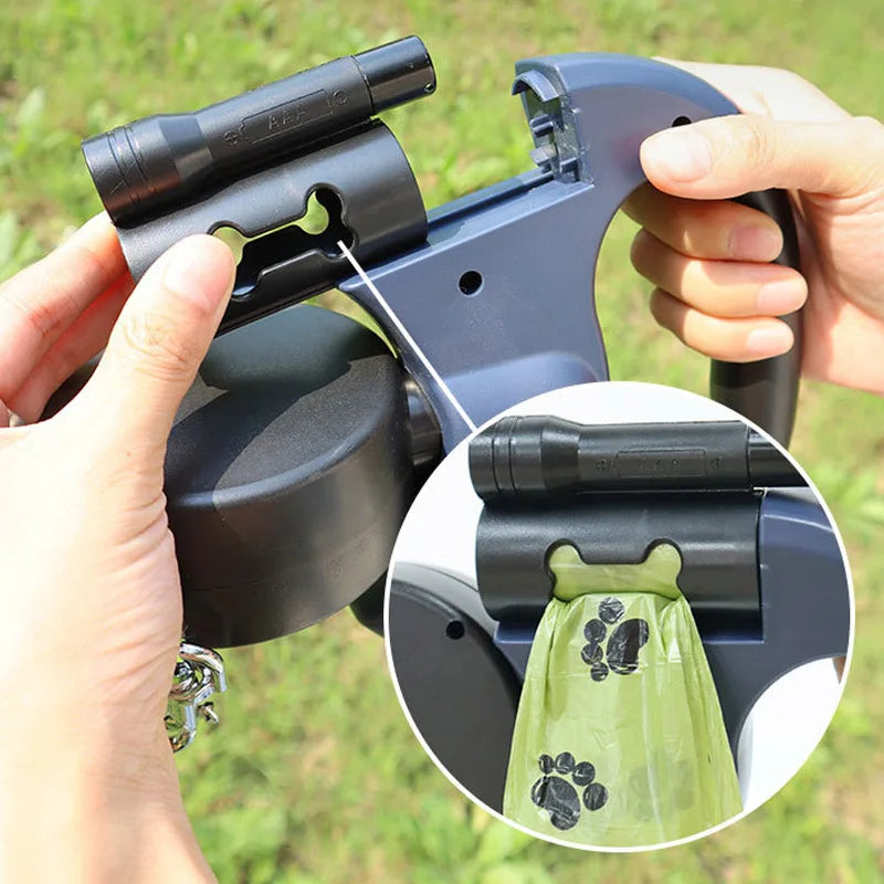 Automatic Retractable Dog Leash With Flashlight Reflective Poop Bag Dispenser