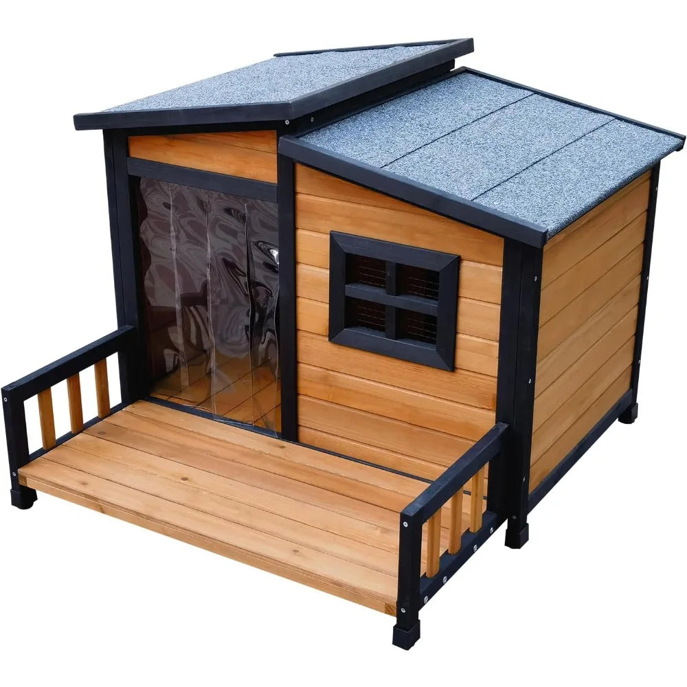 Indoor Outdoor Dog House, Wood Insulated Dog House, Weatherproof Outside Shelter with Elevated Floor, Easy to Assemble (39.3 L)