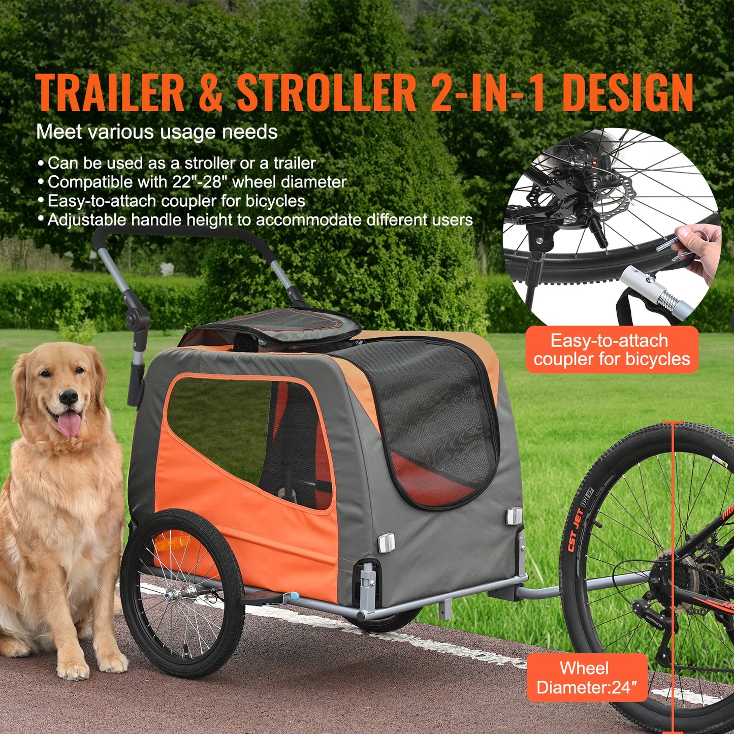 SucceBuy 66lbs Dog Bike Trailer2-in-1Pet Stroller Folding Cart Frame Bicycle Carrier with Wheels Universal Coupler for Dogs