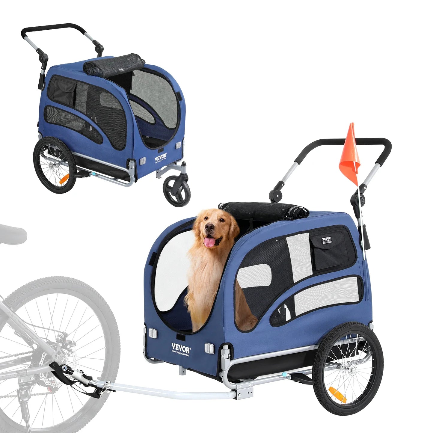 NONECN Dog Bike Trailer 2 In 1 Pet Stroller Cart Carrier 100 Lbs For Dogs With Reflectors