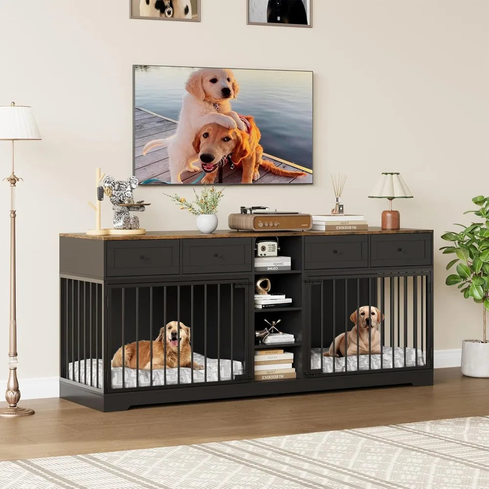 DAFIFY Double Dog Crate With TV Stand And Four Drawers Shelving Indoor Wooden Kennel