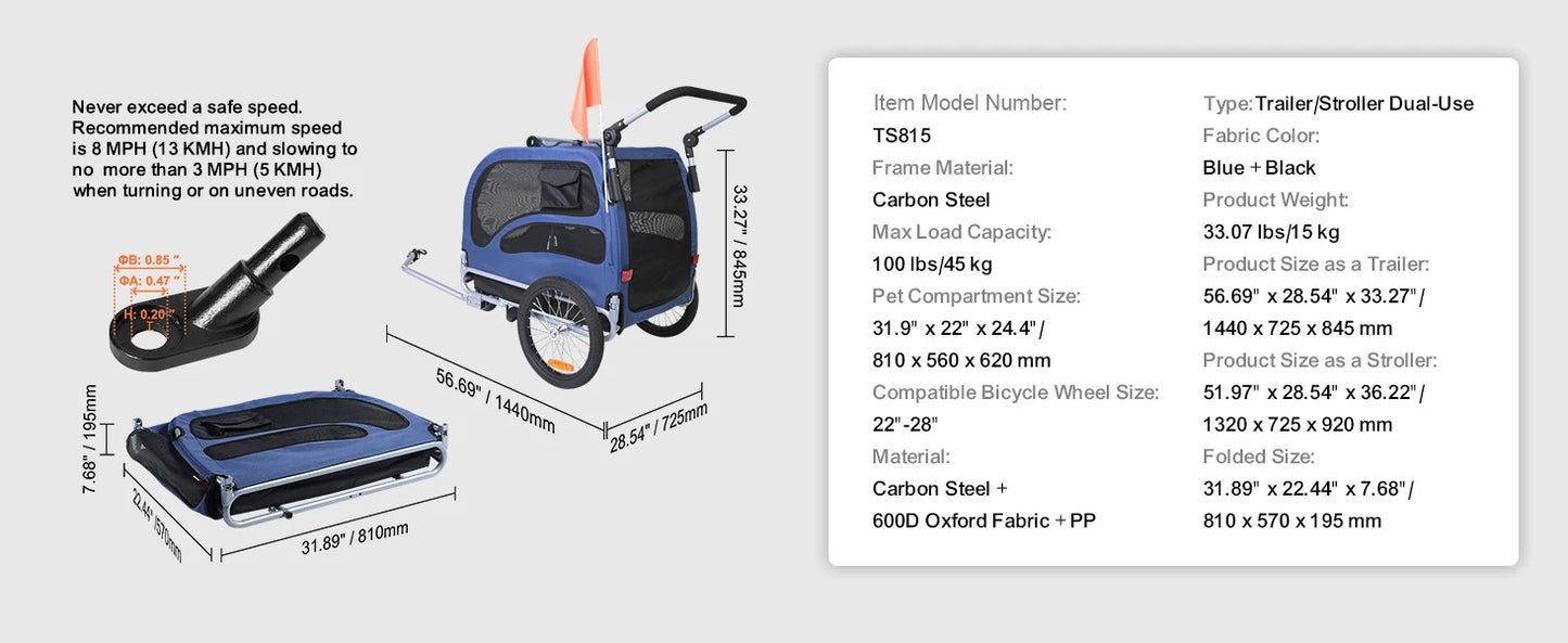 NONECN Dog Bike Trailer 2 In 1 Pet Stroller Cart Carrier 100 Lbs For Dogs With Reflectors