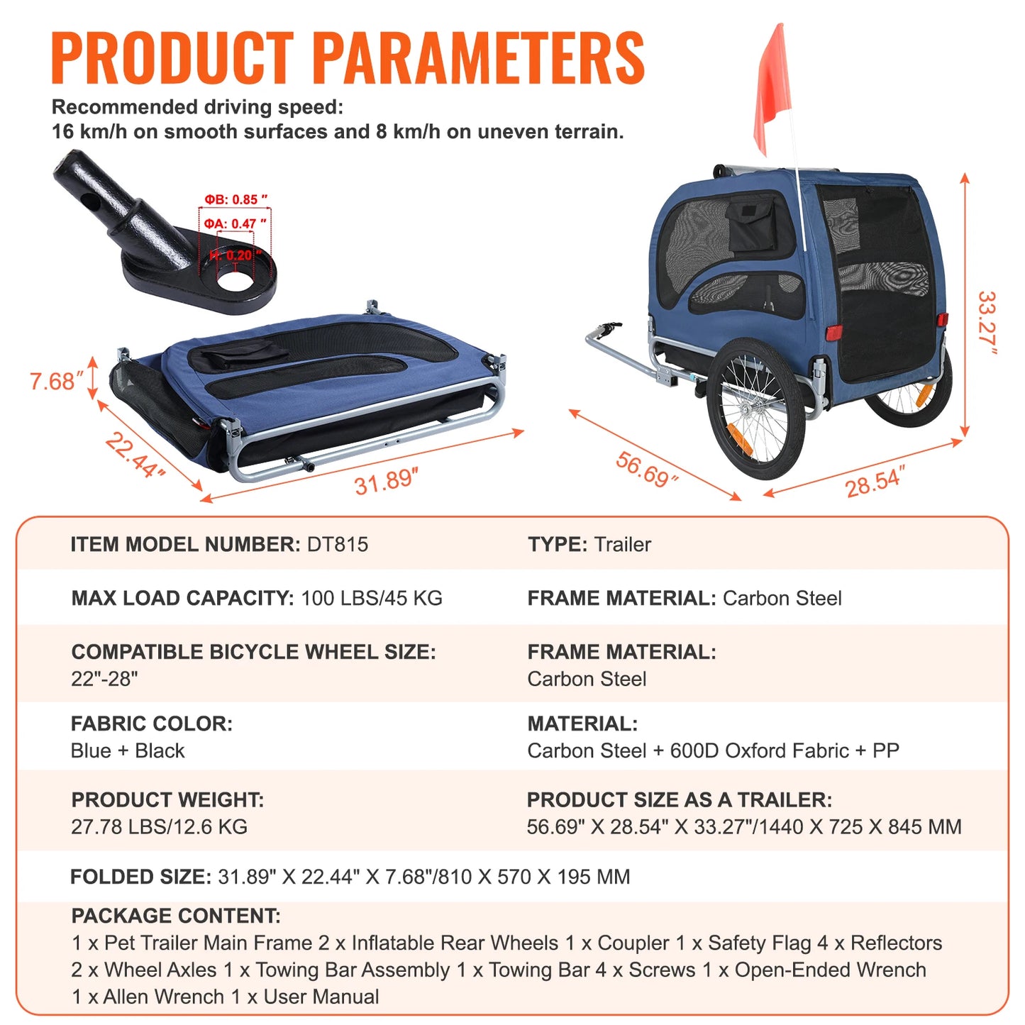 100lb Dog Bicycle Trailer Carrier With Reflectors And Coupler