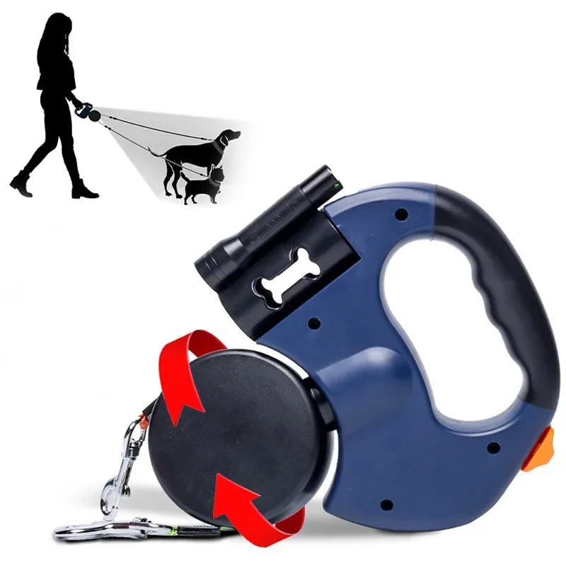 Automatic Retractable Dog Leash With Flashlight Reflective Poop Bag Dispenser