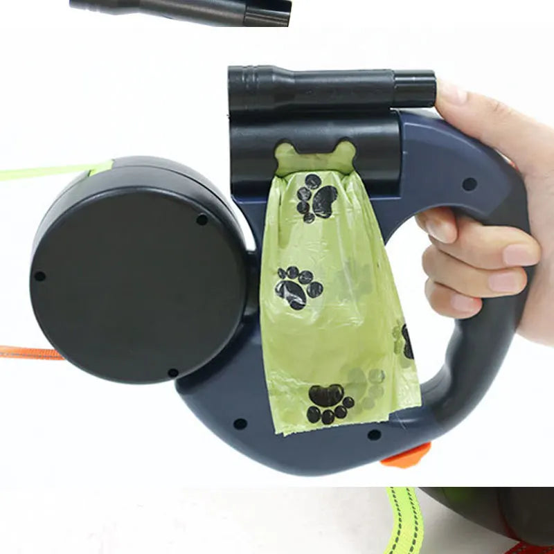 Automatic Retractable Dog Leash With Flashlight Reflective Poop Bag Dispenser