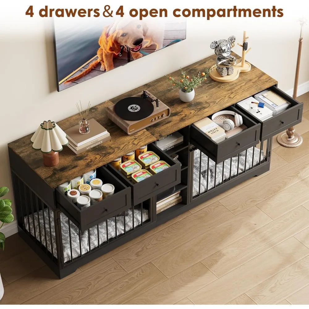 DAFIFY Double Dog Crate With TV Stand And Four Drawers Shelving Indoor Wooden Kennel