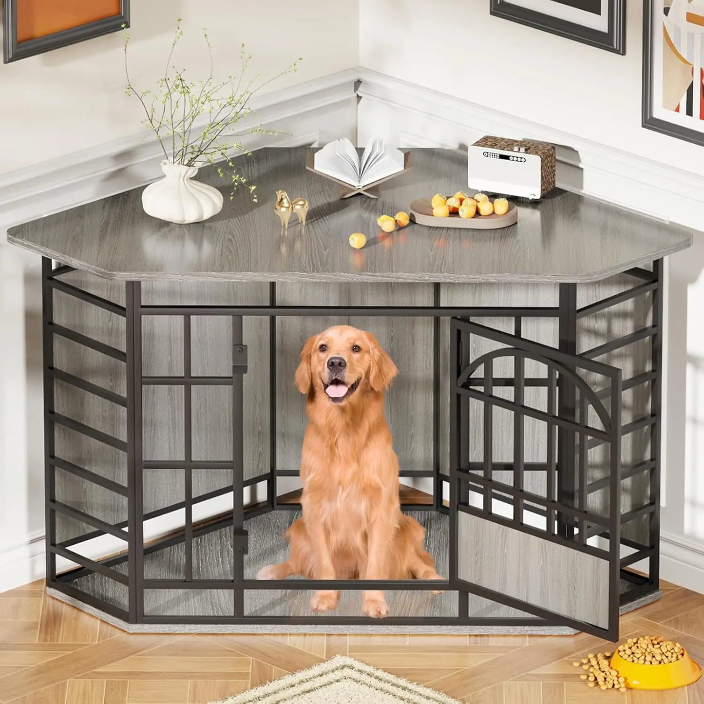 Corner Dog Crate Furniture, 52 Inch Large Indoor Dog Kennel Wooden End Table, Modern Dog Cage Decorative Pet House, Customized