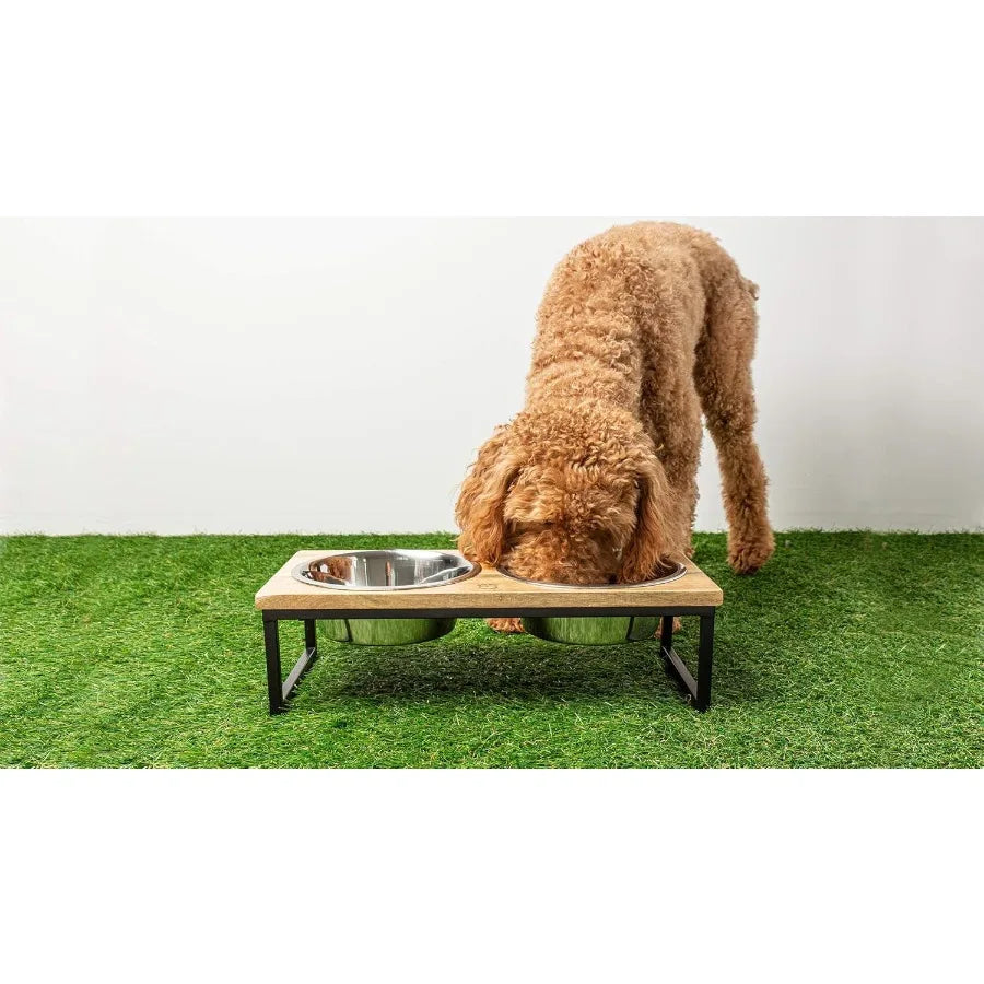 Elevated Pet Feeder With Stainless Steel Bowls Mango Wood Stand