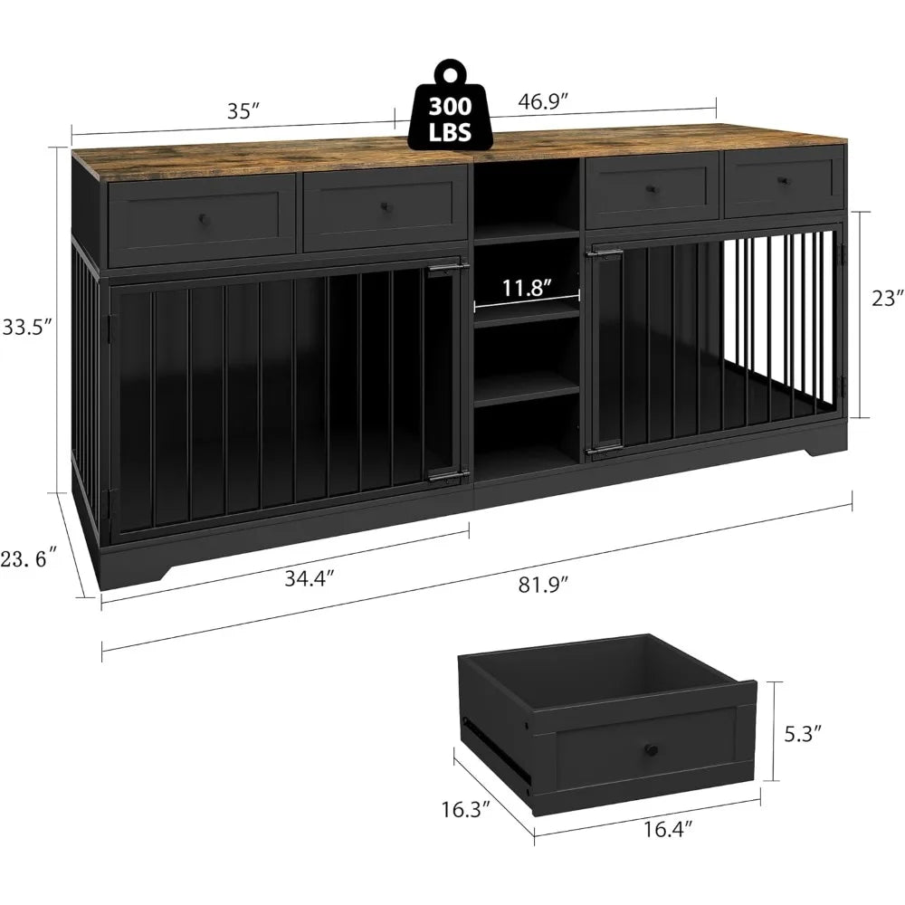 DAFIFY Double Dog Crate With TV Stand And Four Drawers Shelving Indoor Wooden Kennel