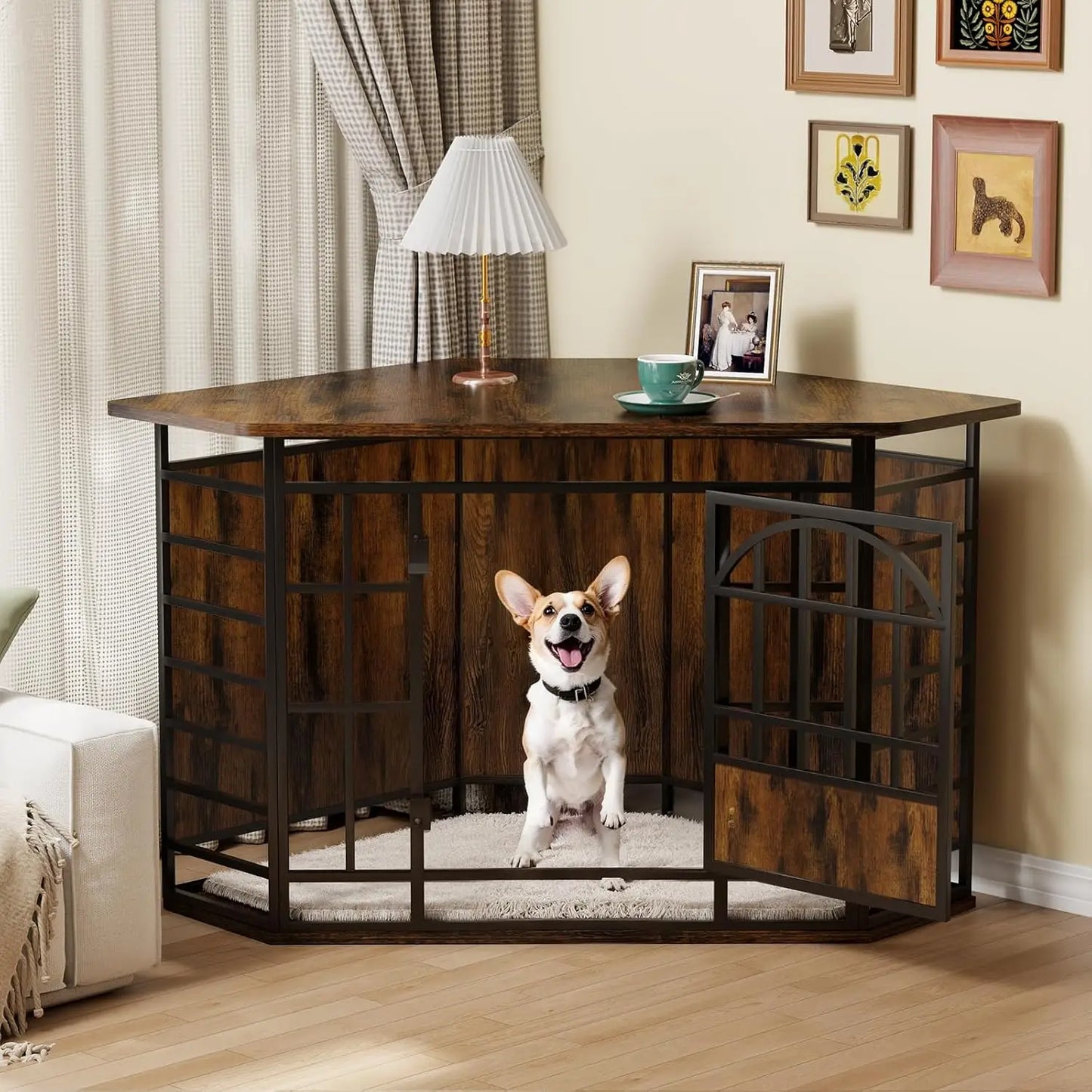 Corner Dog Crate Furniture, 52 Inch Large Indoor Dog Kennel Wooden End Table, Modern Dog Cage Decorative Pet House, Customized