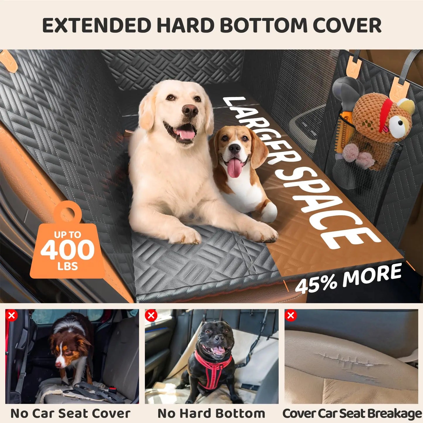 Dog Car Seat Cover for Back Seat, Hard Bottom Back Seat Extender for Dogs - Supports 400lbs, Back Seat Pet Cover, SUV and Trucks