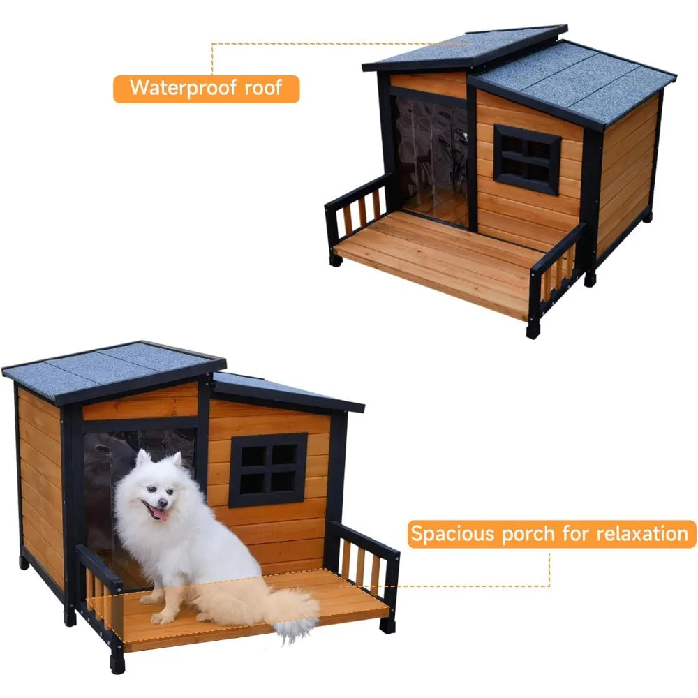 Indoor Outdoor Dog House, Wood Insulated Dog House, Weatherproof Outside Shelter with Elevated Floor, Easy to Assemble (39.3 L)