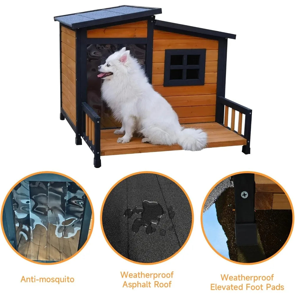 Indoor Outdoor Dog House, Wood Insulated Dog House, Weatherproof Outside Shelter with Elevated Floor, Easy to Assemble (39.3 L)