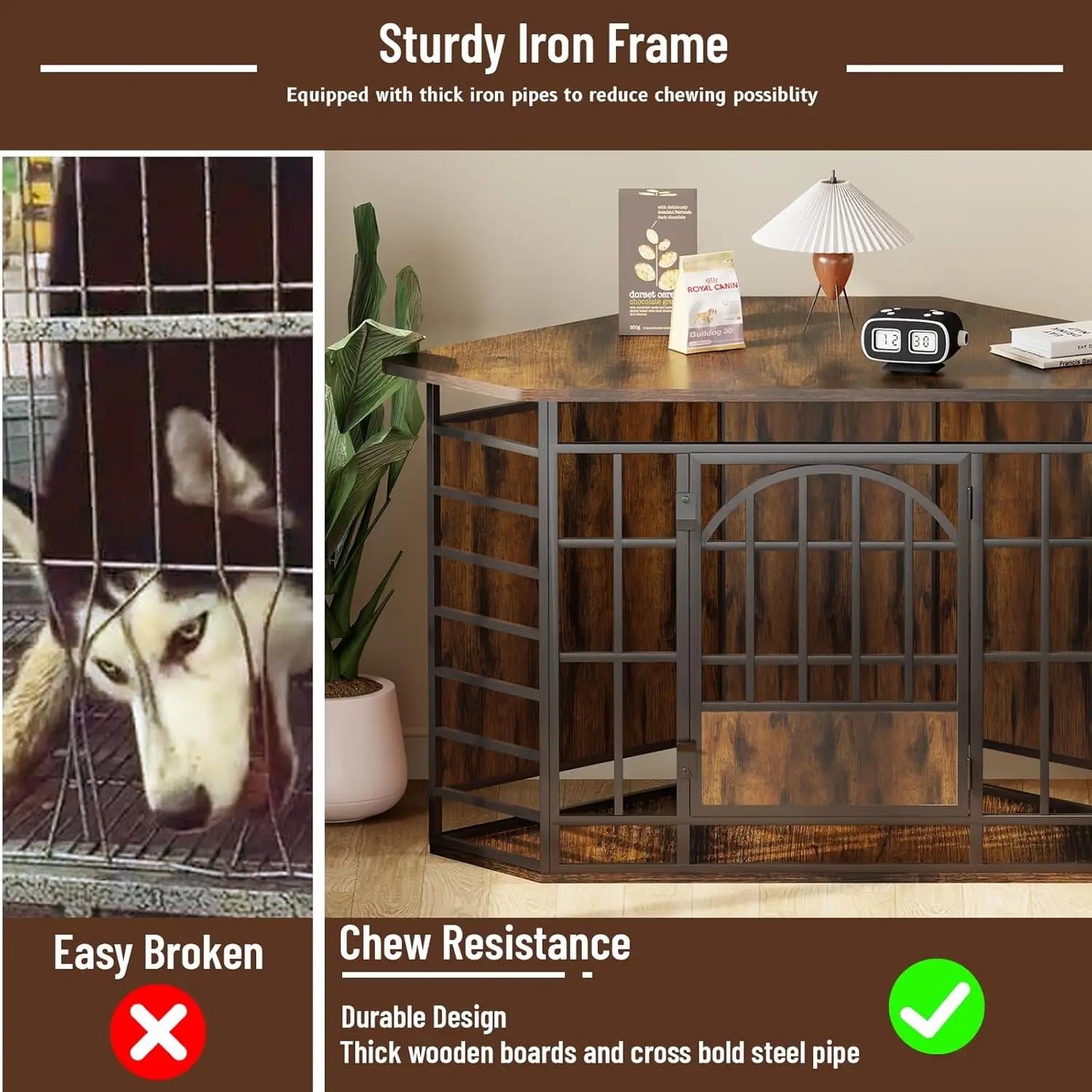 Corner Dog Crate Furniture, 52 Inch Large Indoor Dog Kennel Wooden End Table, Modern Dog Cage Decorative Pet House, Customized