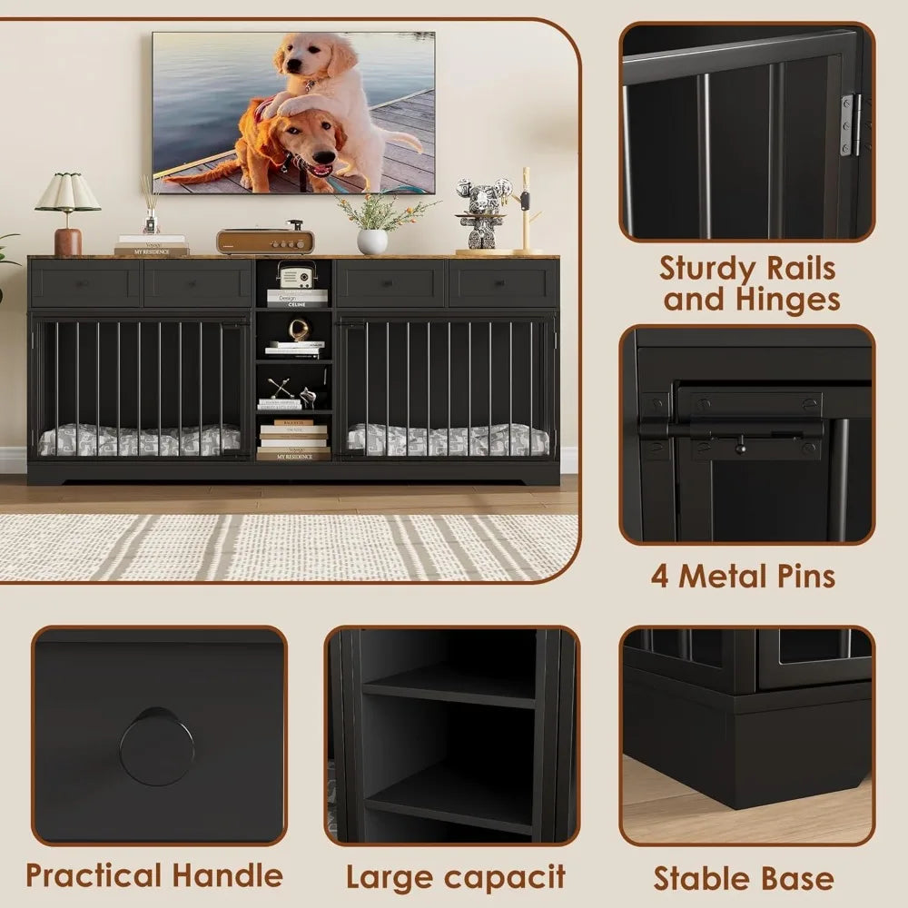DAFIFY Double Dog Crate With TV Stand And Four Drawers Shelving Indoor Wooden Kennel