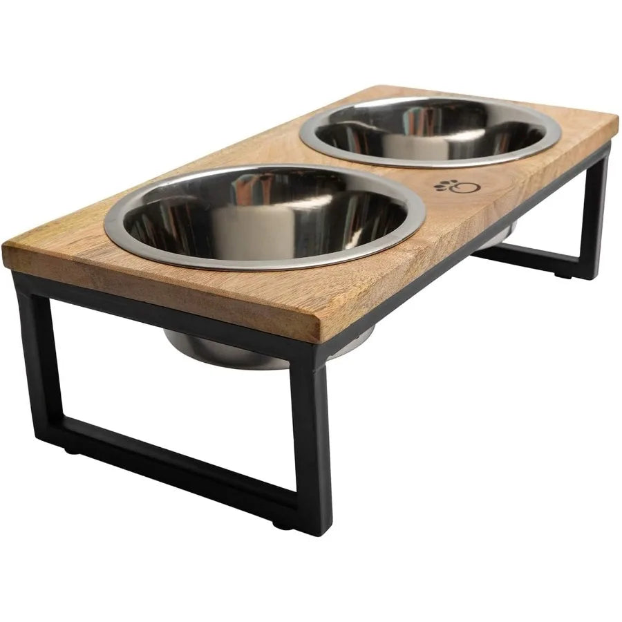Elevated Pet Feeder With Stainless Steel Bowls Mango Wood Stand
