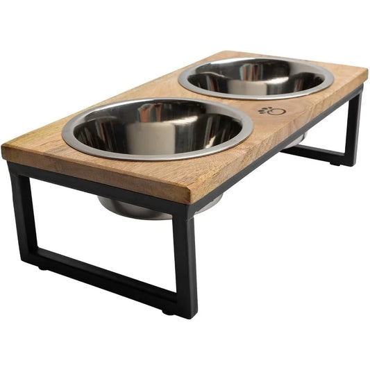Elevated Pet Feeder With Stainless Steel Bowls Mango Wood Stand