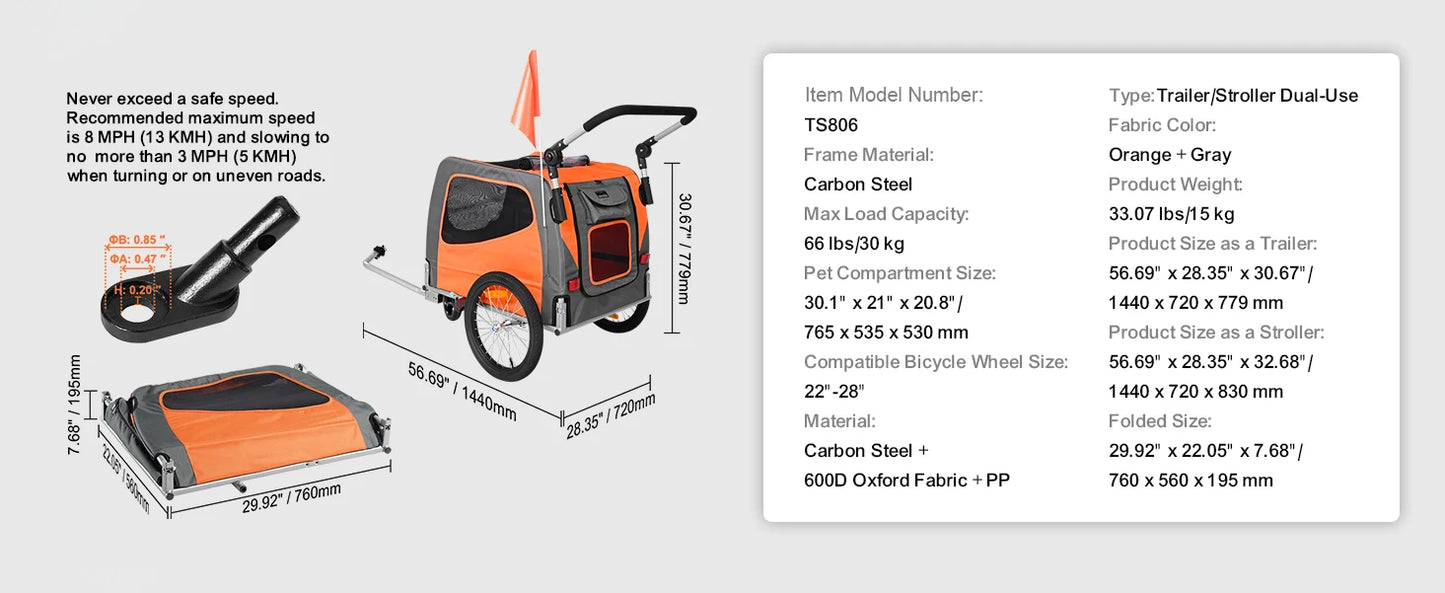 SucceBuy 66lbs Dog Bike Trailer2-in-1Pet Stroller Folding Cart Frame Bicycle Carrier with Wheels Universal Coupler for Dogs