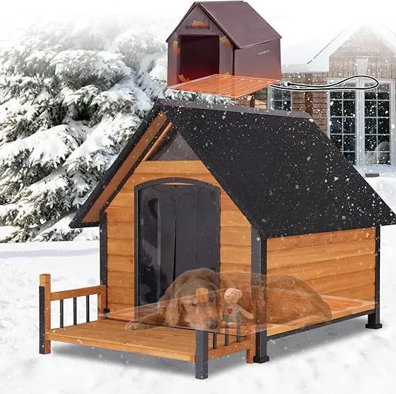 Insulated Dog House with Heating Pad, Weatherproof Outdoor Kennel for Large Dogs, Chew-Resistant Iron Frame & Asphalt Roof