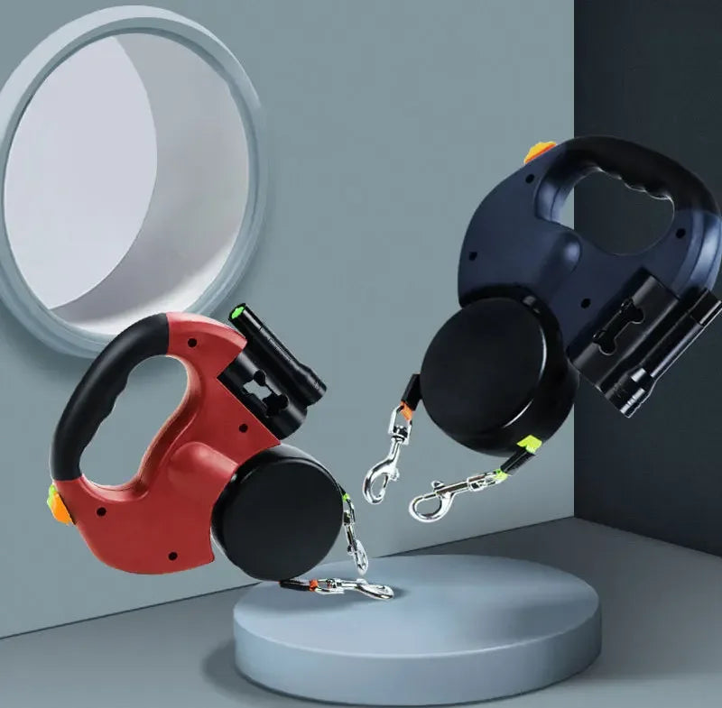 Automatic Retractable Dog Leash With Flashlight Reflective Poop Bag Dispenser