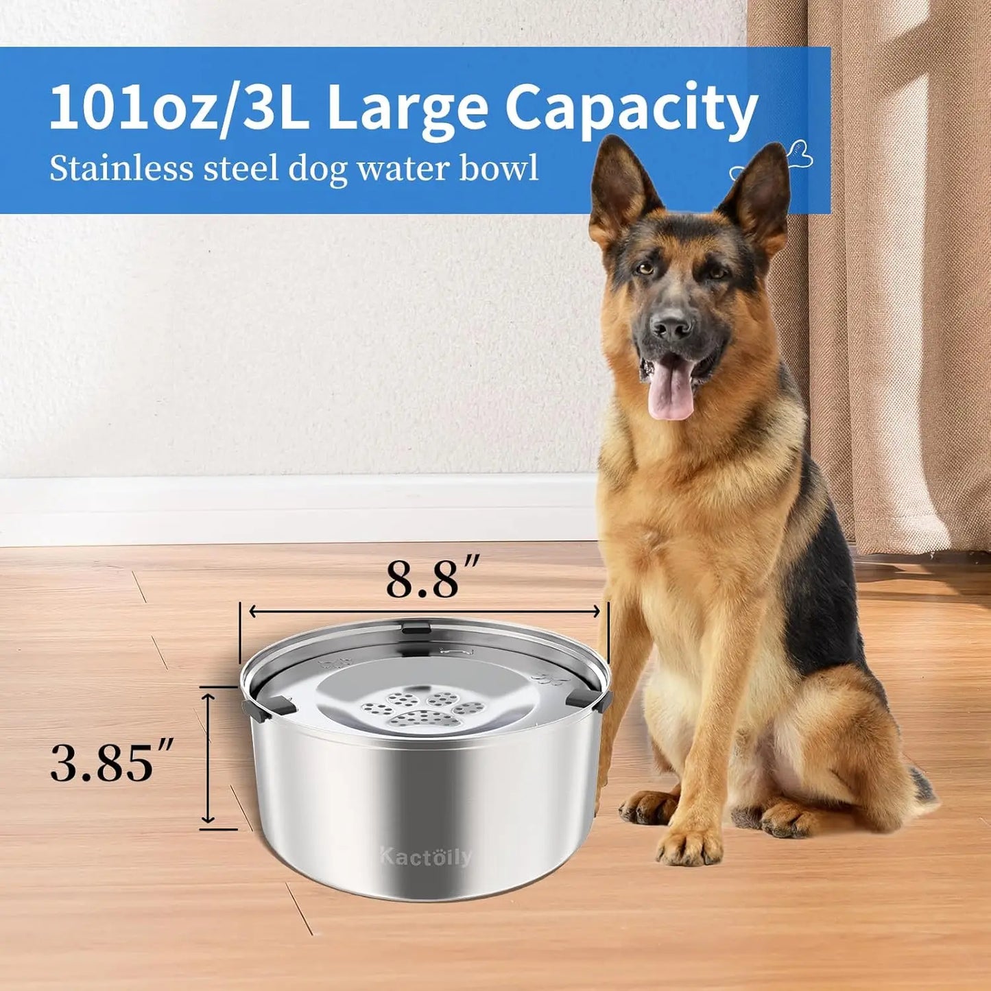 3L/101oz Large Capacity Dog Water Bowl Stainless Steel No Spill Dog Bowls Slow Drinking Dog Water Feeder Dispenser