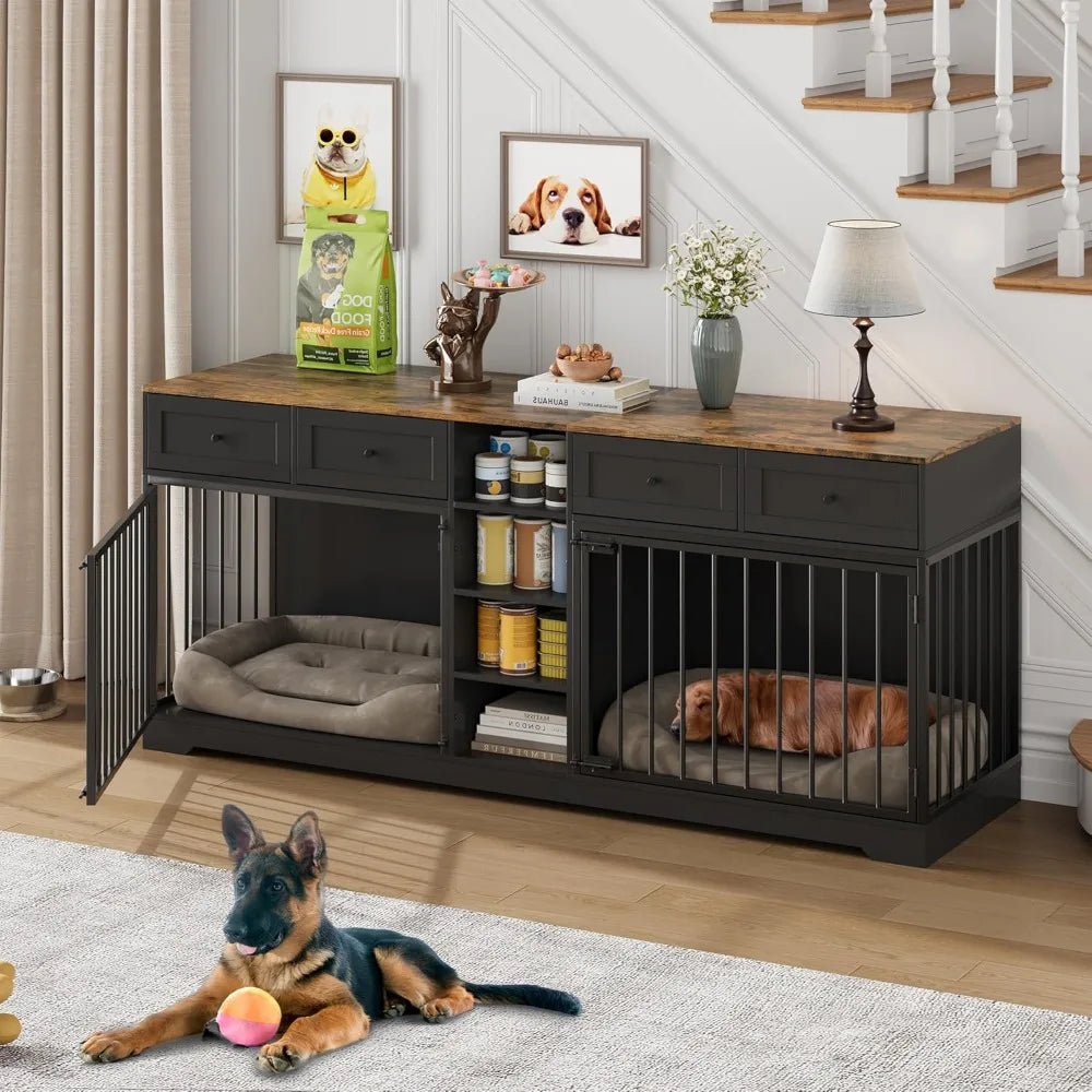 DAFIFY Double Dog Crate With TV Stand And Four Drawers Shelving Indoor Wooden Kennel