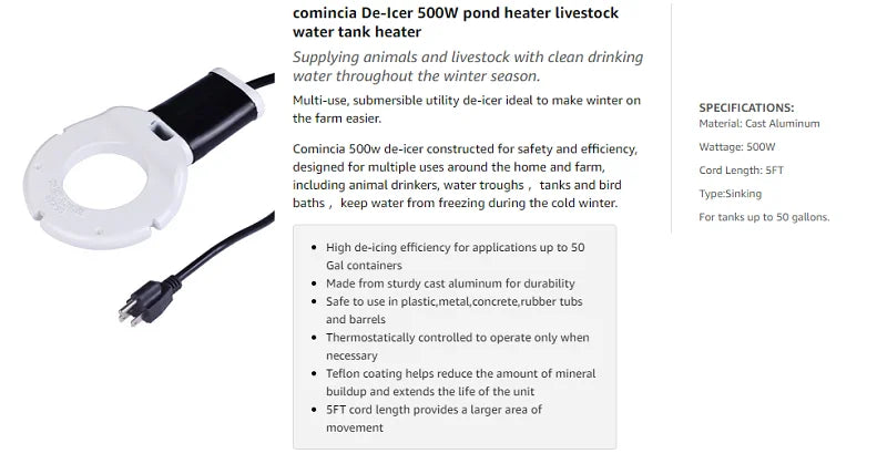 250Watt / 500Watt Stock Tank Heater Birds Cows Chicken Water Heater Cast Aluminum Thermostatic Control Water Trough Tank Heater