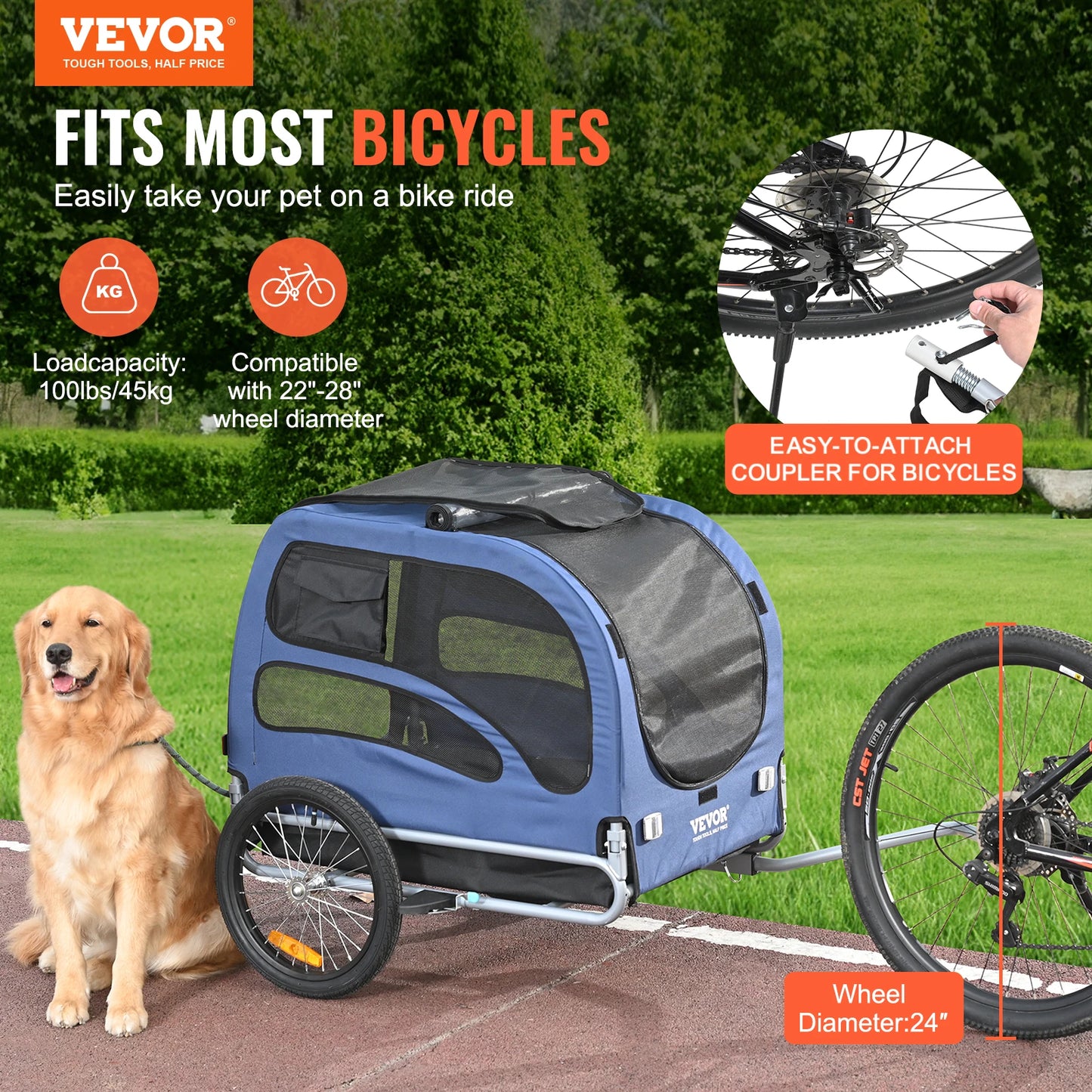 100lb Dog Bicycle Trailer Carrier With Reflectors And Coupler