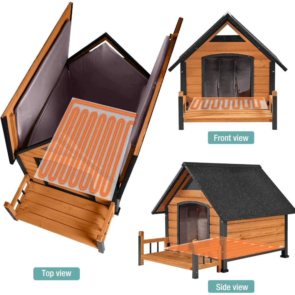 Insulated Dog House with Heating Pad, Weatherproof Outdoor Kennel for Large Dogs, Chew-Resistant Iron Frame & Asphalt Roof