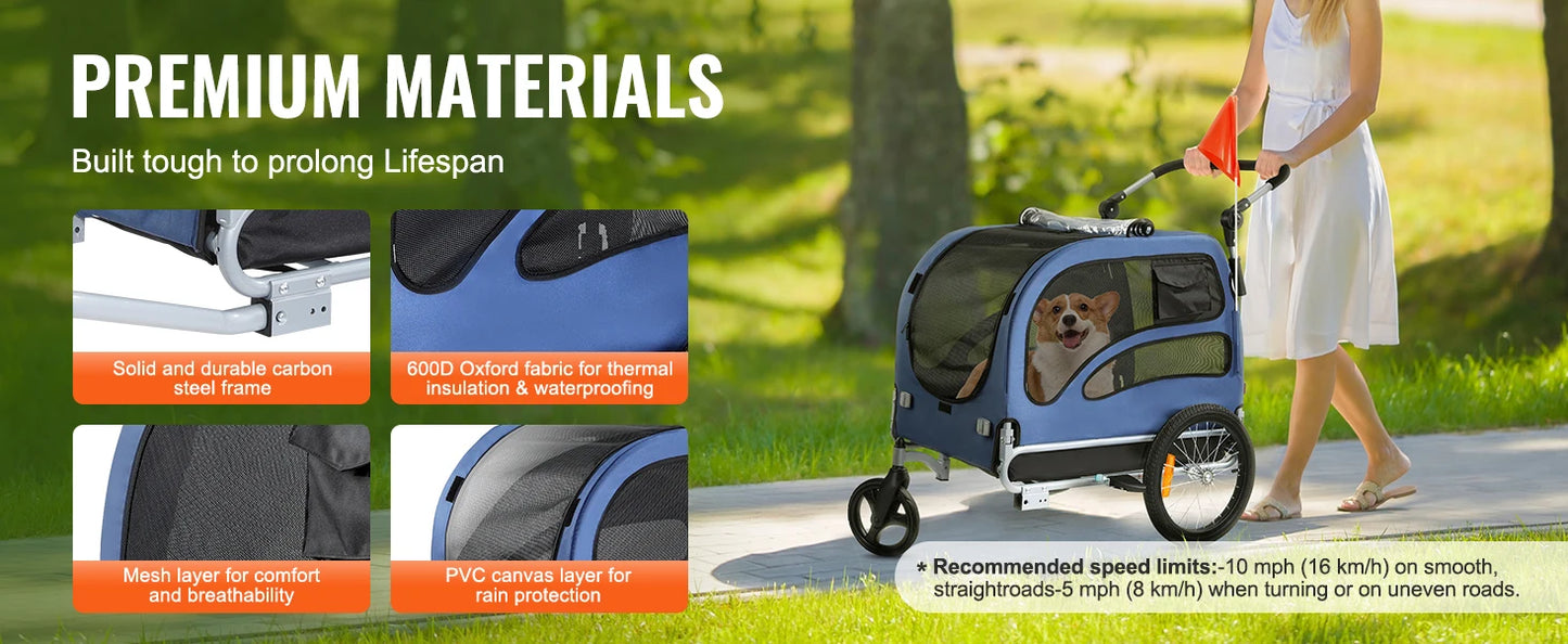 NONECN Dog Bike Trailer 2 In 1 Pet Stroller Cart Carrier 100 Lbs For Dogs With Reflectors