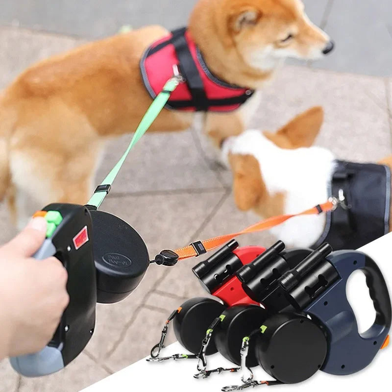 Automatic Retractable Dog Leash With Flashlight Reflective Poop Bag Dispenser