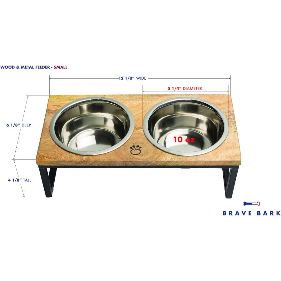 Elevated Pet Feeder With Stainless Steel Bowls Mango Wood Stand