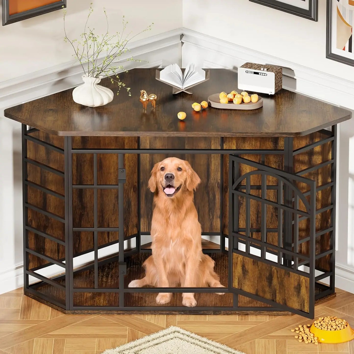 Corner Dog Crate Furniture, 52 Inch Large Indoor Dog Kennel Wooden End Table, Modern Dog Cage Decorative Pet House, Customized