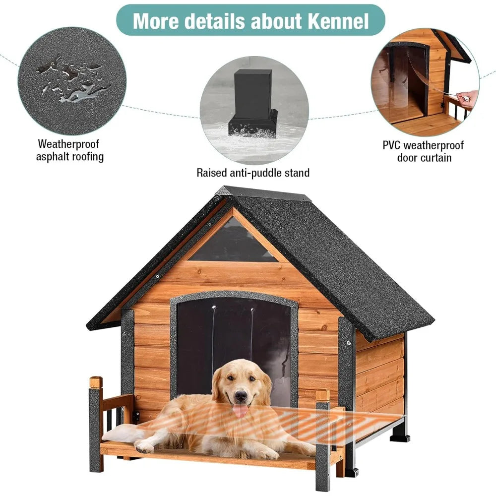 Insulated Dog House with Heating Pad, Weatherproof Outdoor Kennel for Large Dogs, Chew-Resistant Iron Frame & Asphalt Roof