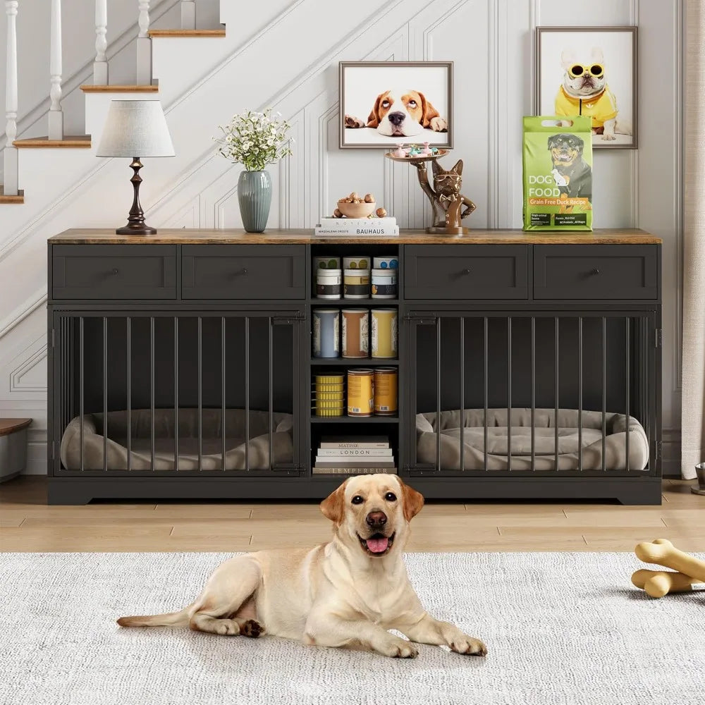 DAFIFY Double Dog Crate With TV Stand And Four Drawers Shelving Indoor Wooden Kennel