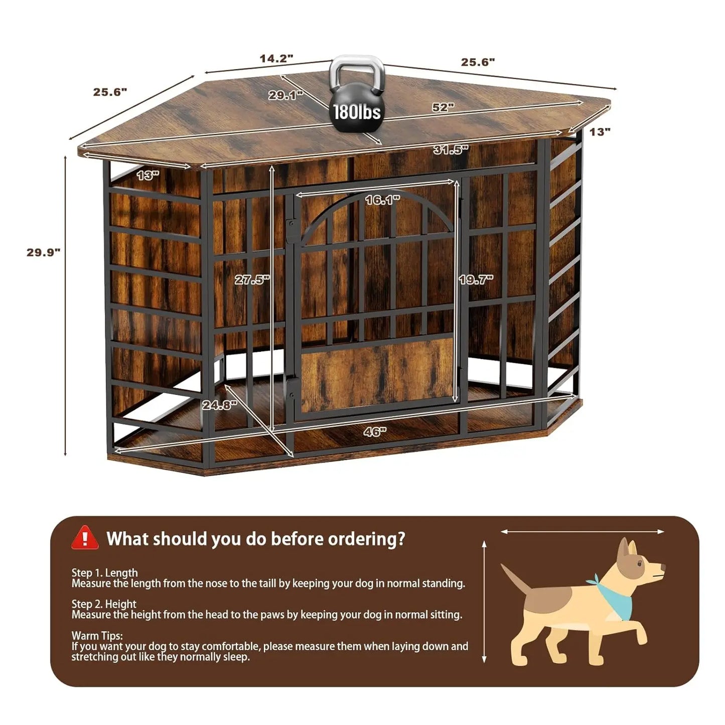 Corner Dog Crate Furniture, 52 Inch Large Indoor Dog Kennel Wooden End Table, Modern Dog Cage Decorative Pet House, Customized