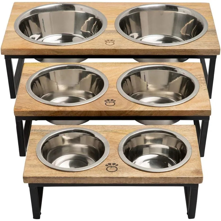 Elevated Pet Feeder With Stainless Steel Bowls Mango Wood Stand