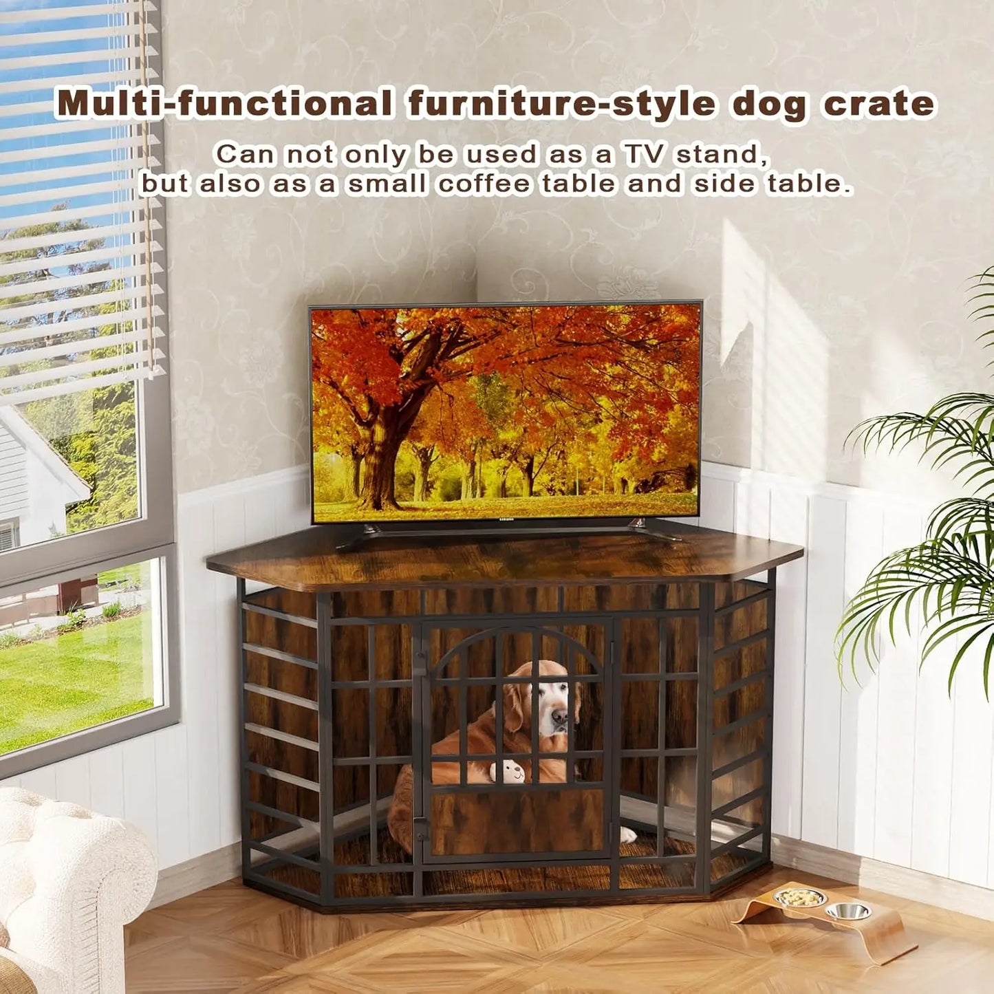 Corner Dog Crate Furniture, 52 Inch Large Indoor Dog Kennel Wooden End Table, Modern Dog Cage Decorative Pet House, Customized